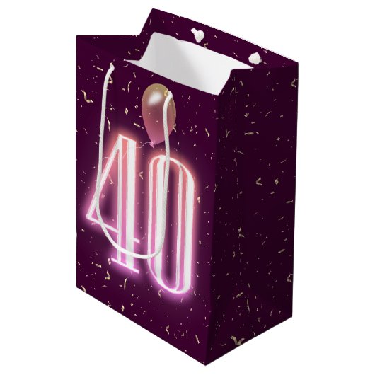 40. Geburtstag Neon Sign und Confetti Mittlere Geschenktüte (Vorderseite Schrägansicht)