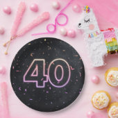40. Geburtstag Neon-Zeichen auf schwarzen Papierpl Pappteller (Party)