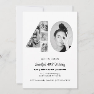 40. Geburtstag Nummer 40 FotoCollage Schwarz-weiß Einladung