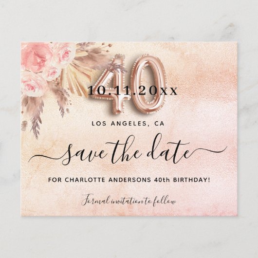 40. Geburtstag Pampas Rose Haushalt Save the Date Flyer (Vorne)
