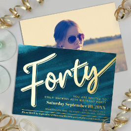 40. Geburtstag Party Aqua Art Goldskript Folieneinladung