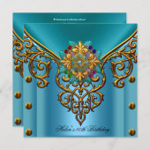 40. Geburtstag Party Aquamarin Blue Gold Juwel Einladung (Vorne/Hinten)