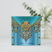 40. Geburtstag Party Aquamarin Blue Gold Juwel Einladung (Stehend Vorderseite)