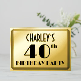 40. Geburtstag Party — Art Deco Look "40" + Name Folieneinladung