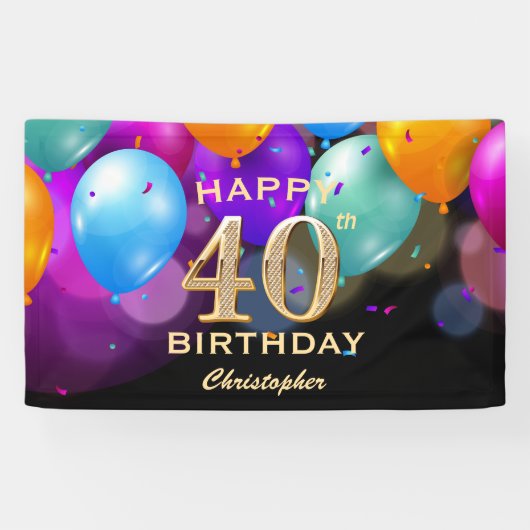 40. Geburtstag Party Black and Gold Balloons Banner (Horizontal)