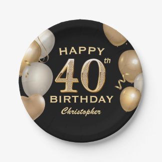 40. Geburtstag Party Black and Gold Balloons Pappteller