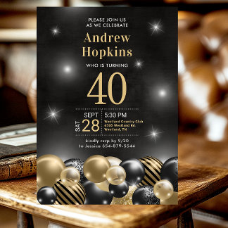 40. Geburtstag Party Black Gold Balloons Einladung