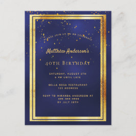 40. Geburtstag Party Blau Gold glänzende Einladung Postkarte