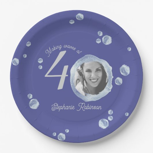 40. Geburtstag Party Blubble Indigo Blue Pappteller (Vorderseite)