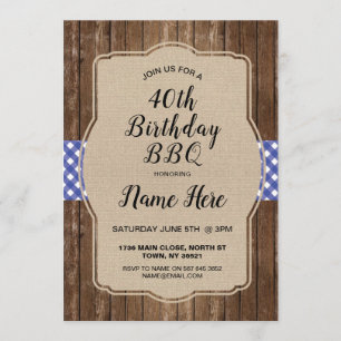 40. Geburtstag Party Blue Gingham Burlap GRILLEN I Einladung