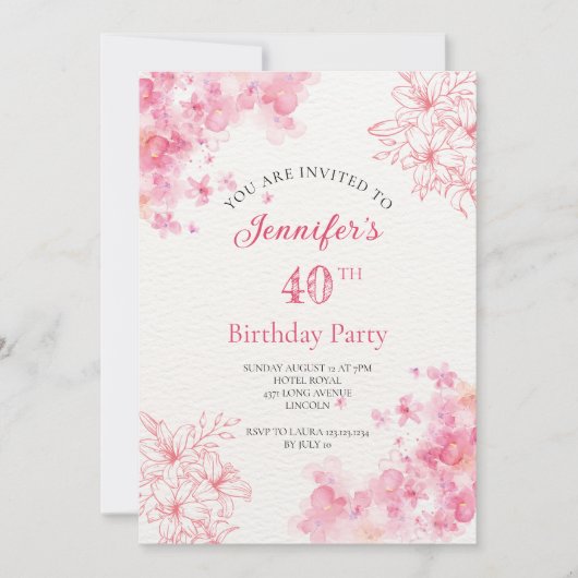 40. Geburtstag Party Blumenrosa Einladung (Vorderseite)