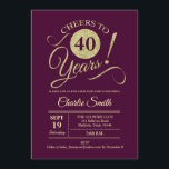 40. Geburtstag Party - Burgund Gold Einladung<br><div class="desc">40. Geburtstagsfeier Party Einladung in dunkelburgundigem Maroon mit Imitaten Glitzer Goldmuster. Enthält einen trendigen Typografy Script-Schriftart. Einfaches modernes Design,  ideal für ein elegantes Party. Bis 40 Jahre! Kann in jedem Alter personalisiert werden! Bitte schreiben Sie mir,  wenn Sie weitere Anpassungen benötigen.</div>