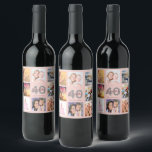 40. Geburtstag Party Custom Foto Collage Rose Gold Weinetikett<br><div class="desc">Ein Flaschenetikett für ein 40. Party,  das ihr Leben mit einer Collage von 8 Ihrer Fotos feiert. Personalisieren und fügen Sie einen Namen,  Alter 40 und ein Datum. Geburtsdatum oder Geburtsdatum des Party. Die goldfarbenen Buchstaben in Weiß und Dunkel Rose. Elegante und trendige Rose Gold,  rot-rosa Hintergrundfarbe.</div>