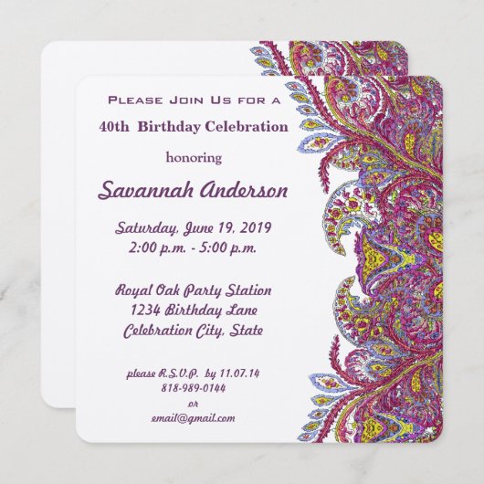 40. Geburtstag Party Einladung (Vorne/Hinten)