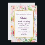 40. Geburtstag Party Einladung rosa Blume weiß<br><div class="desc">Eine elegante zeitlose Sommer- und Gartenkarte zum Thema 40. Geburtstag Party Einladung. Bohemischer und schlichter Stil. Mit romantischen, sanften Pastellfarben und farbenfrohen Blume in Rosa und Pfirsichfarben und grünen Blätter. Ein weißer Hintergrund für den Text. Ein schicker Imitat vergoldet Rahmen. Vorlagen für einen Namen und Party Details, lila dunkle Buchstaben....</div>