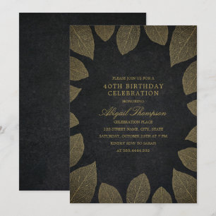 40. Geburtstag Party Elegante Black Gold Blätter Einladung