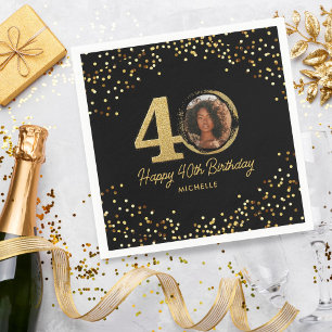 40. Geburtstag Party Foto Chic Black Gold Glitzer Serviette