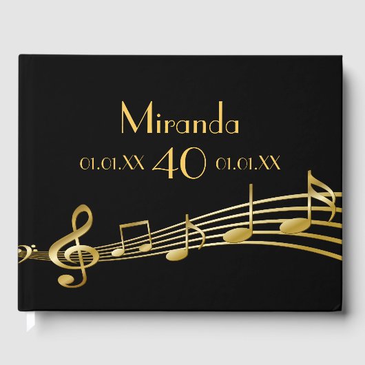 40. Geburtstag Party Gold Musiknoten auf schwarz Gästebuch (Vorderseite)