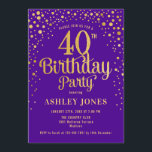 40. Geburtstag Party - Lila & Gold Einladung<br><div class="desc">40. Geburtstagsfeier Party Einladung. Elegantes Design in königlichen lila und Imitate Glitzer Gold. Features stilvolle Skript-Schriftart und Konfetti. Nachricht,  wenn du ein Alter brauchst.</div>