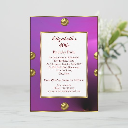 40. Geburtstag Party Lila Gold Einladung (Stehend Vorderseite)