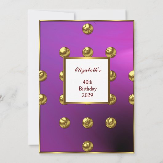 40. Geburtstag Party Lila Gold Einladung (Rückseite)