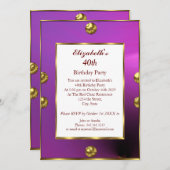 40. Geburtstag Party Lila Gold Einladung (Vorne/Hinten)