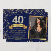 40. Geburtstag Party Navy Blue Gold Glitzer Einladung (Vorne/Hinten)