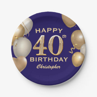 40. Geburtstag Party Navy Blue und Gold Balloons Pappteller