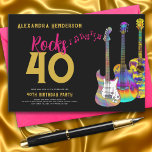 40. Geburtstag Party Rocks 40 Gitarre Pink Gold Einladung<br><div class="desc">Personalisiert Rocks 40. Geburtstag Party Gitarren Rock and Roll Einladungen mit Gold und Rosa moderne Typografie und musikalische Noten mit drei coolen Wasserfarbe funky psychedelic elektrische Gitarre, akustische Gitarre und semi-akustische Gitarre Designs auf einem schwarzen Hintergrund. Dieses leicht zu bedienende Template lädt zum Feiern von vierzig im Rock'n'Roll-Stil ein und...</div>