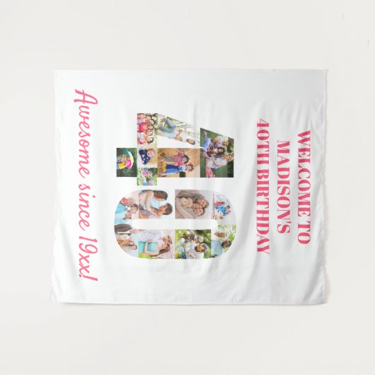 40. Geburtstag Party Rosa Fotocollage Hintergrund Wandteppich (Vorderseite (Horizontal))