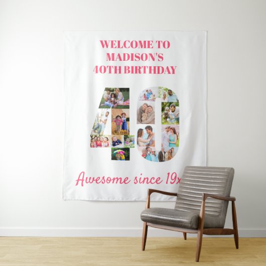 40. Geburtstag Party Rosa Fotocollage Hintergrund Wandteppich (Beispiel)