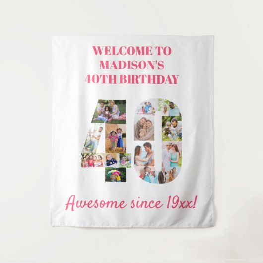 40. Geburtstag Party Rosa Fotocollage Hintergrund Wandteppich (Vorderseite)