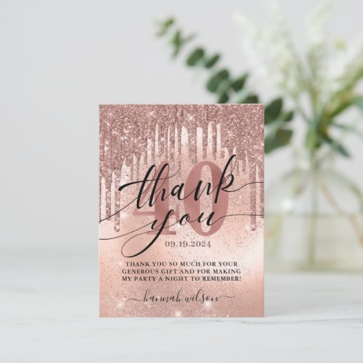 40. Geburtstag Party Rose Gold   Dankeskarte (Stehend Vorderseite)