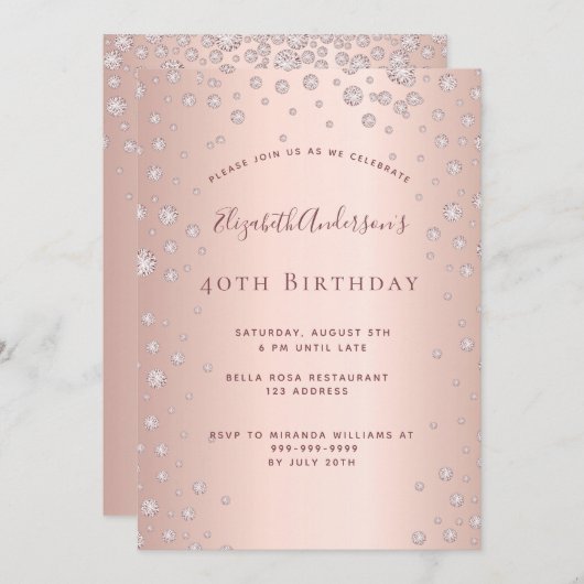 40. Geburtstag Party Rose Golddiamant Einladung (Vorne/Hinten)