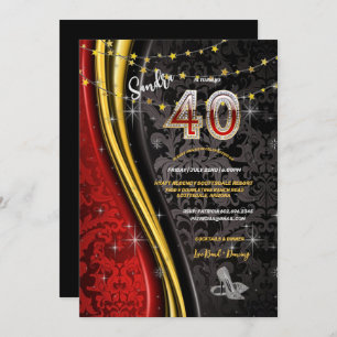40. Geburtstag Party Rot, Gold und Schwarz Wirbel Einladung