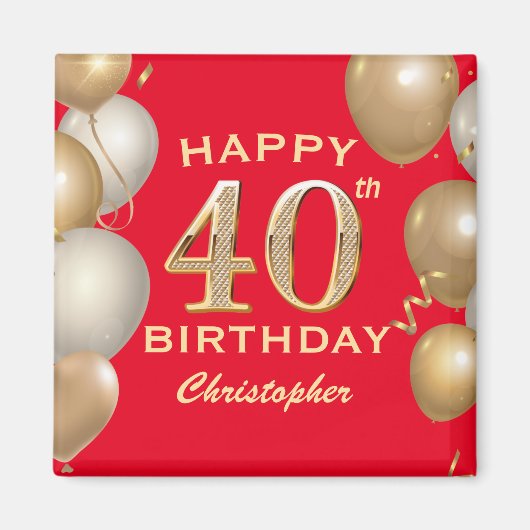 40. Geburtstag Party Rot und Gold Ballons Magnet (Vorne)