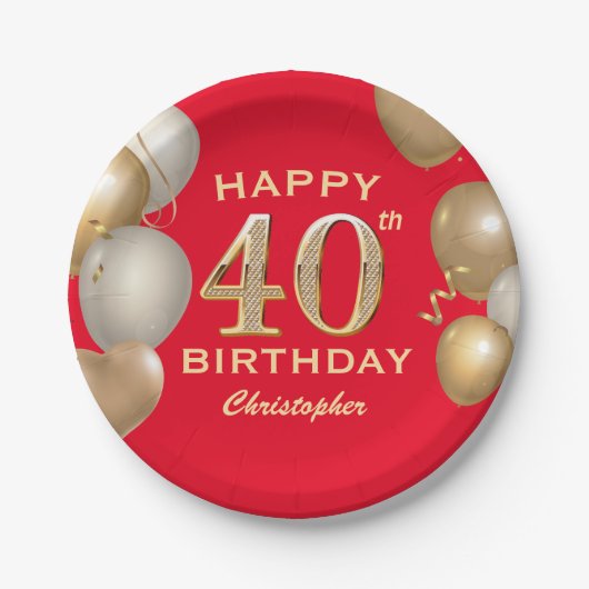 40. Geburtstag Party Rot und Gold Ballons Pappteller (Vorderseite)