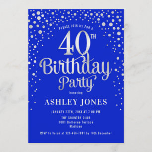 40. Geburtstag Party - Royal Blue & Silver Einladung