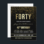 40. Geburtstag Party | Schimmergoldfetti Einladungspostkarte<br><div class="desc">Diese formelle,  elegante,  trendige,  moderne Postkarteneinladung zum vierzigsten Geburtstag eignet sich für Damen und Herren. Es besteht aus goldfarbenen,  klaren Linien,  stilvollem,  gothischem Großbuchstaben und ausgeklügeltem,  fixiertem Imitat mit Goldfolientext auf schwarzem Hintergrund mit Duschen von glitzernden,  glänzenden Goldkonfetti und Party-Raster.</div>