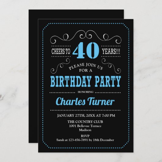 40. Geburtstag Party - Schwarz Blau Einladung (Vorne/Hinten)