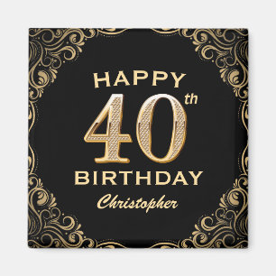 40. Geburtstag Party Schwarz und Gold Glitzer Rahm Magnet