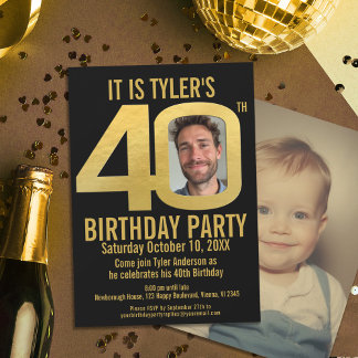 40. Geburtstag Party Schwarzes Gold Foto Einladung