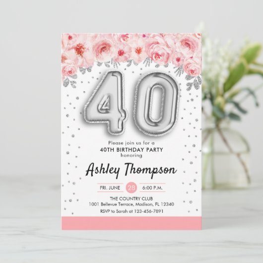 40. Geburtstag Party - Silberballons Einladung (Stehend Vorderseite)