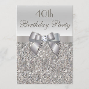 40. Geburtstag Party Silver Sequins, Bow & Diamond Einladung
