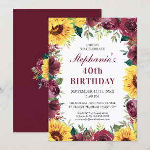 40. Geburtstag Party Sonnenblume Burgund Rose Gren Einladung