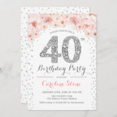 40. Geburtstag Party - Weißes Silberrosa Einladung (Vorne/Hinten)