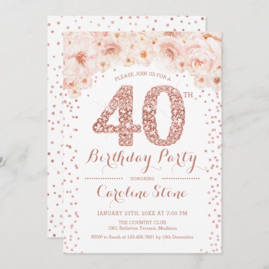 40. Geburtstag Party - Weißrosengold Einladung (Vorne/Hinten)