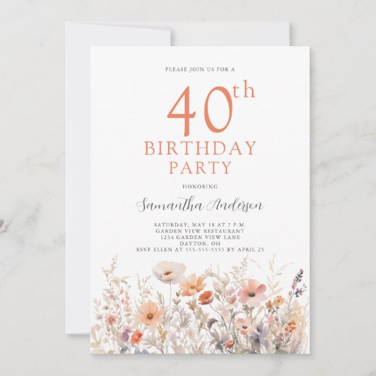 40. Geburtstag Peach Floral Einladung (Vorderseite)