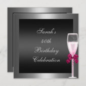 40. Geburtstag Pink Champagne Silver Black Einladung (Vorne/Hinten)