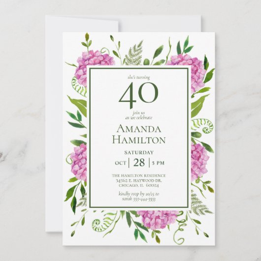 40. Geburtstag Pink Hydrangeas Einladung (Vorderseite)
